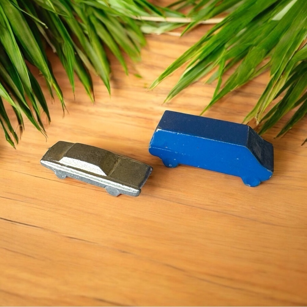 VINTAGE Metal Toy Cars – Miniature Blue Van & Silver Sedan – Monopoly Style